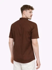Men's Short-Sleeve Mandarin Collar Shirt, Slim Fit, Casual With Elastane - Màu nâu Sô-cô-la - Xem 4