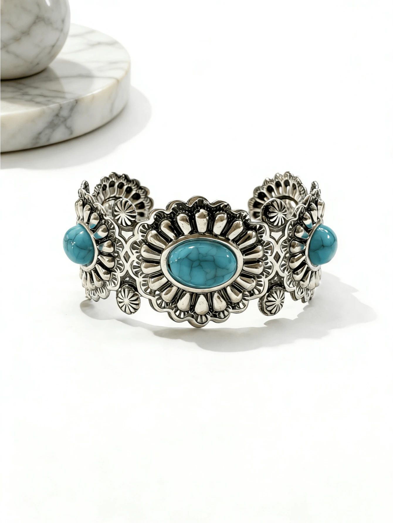 1pc Metal Vintage Silver Turquoise Decor Bohemian Style Women's Open Cuff Bracelet Suitable For Daily Wear, Vacation And Multiple Occasions - Multicolor - View 1