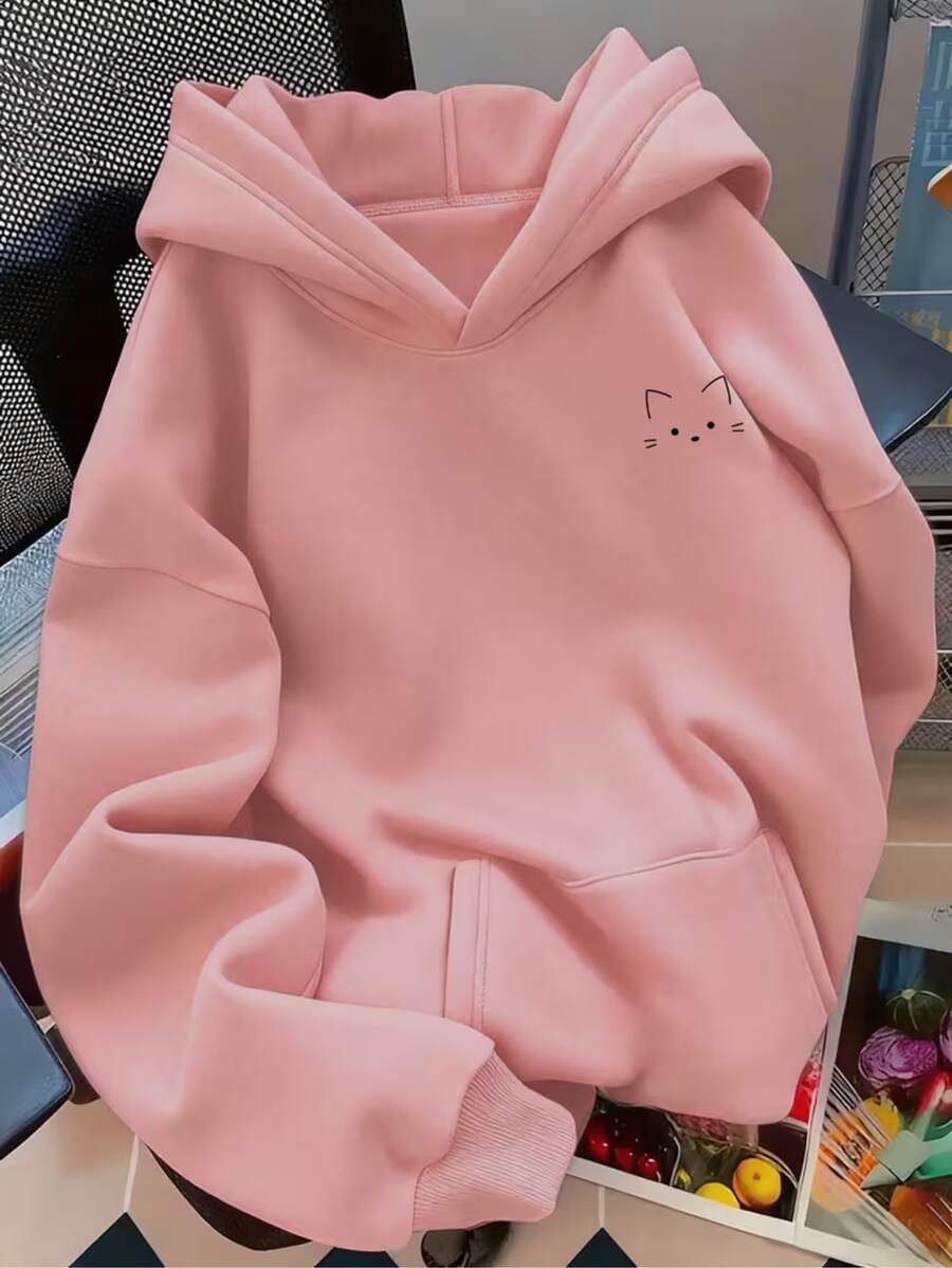 Women's Hoodie, Creative Minimalist Cute Cat Print On The Chest, Stylish And Comfortable Autumn/Winter Fashion, Versatile Casual Hoodie, Women's Clothing - 淺粉色 - 查看 1