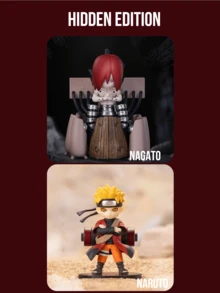 Pop Mart 火影忍者疾风传VS晓组织系列盲盒人偶，包含10款普通版+2款隐藏版，以晓组织战斗为主题，采用红色云雾斗篷、动态姿势、爆炸泥焰、鲨鱼特效、翅膀装饰、植物头饰和面具角色等元素，背景包括沙漠、岩石、草原、夜空和漩涡。 - 彩色 - 查看 10