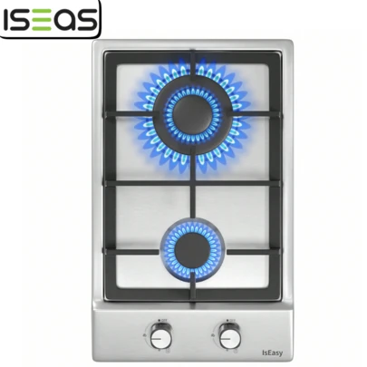  Placa de gas Domino, Placa de gas IsEasy 2 fuegos con soporte para ollas de hierro fundido, Placa de gas de acero inoxidable de 2 zonas, Autosuficiente integrada, Gas natural (20 mbr)/Gas propano (30 y 50 mbr), 3300W/1000W, 220 -240V,