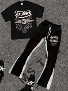 American Retro  Eye & Wing Print Short Sleeve T-Shirt + Color Block Micro-Flare Sweatpants Set For Men And Women - 黑色 - 查看 5
