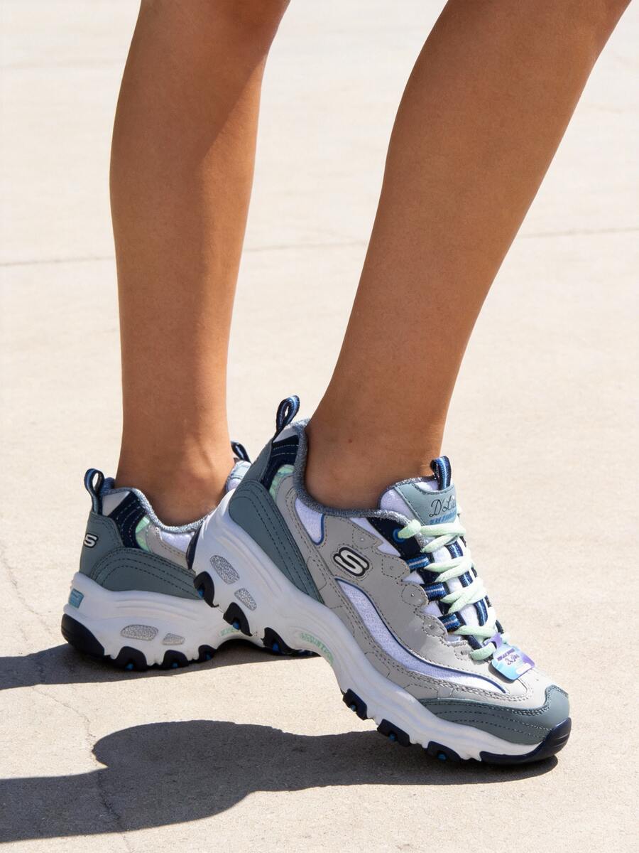 Skechers 女士休闲鞋 D"LITES 1.0 时尚系带运动鞋 轻便舒适运动鞋 13143-GYBL - 灰色/藍色 - 查看 1