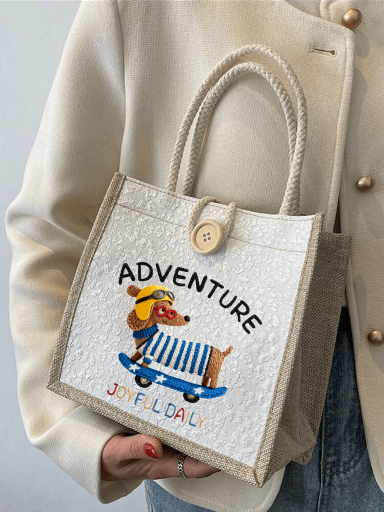 1pc Puppy Decor Dachshund Cartoon Tote Bag, Women's Handbag, Foldable Lightweight Portable Square Bag With Button Closure, Cute Animal Pattern Gift Bag, Multipurpose Storage Pouch, Suitable For Various Occasions - Multicolor - View 1