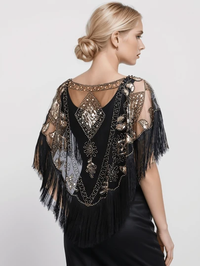 1pc Women's Sequin Decorated Evening Shawl, Vintage Cheongsam Formal Dress Accessory, Lightweight Beaded Capelet