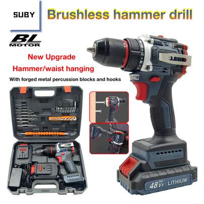  SUBY 无绳无刷冲击钻，配备 2 块 1200mAh 电池、1 个快速充电器和便携挂钩，适用于家居装修和 DIY