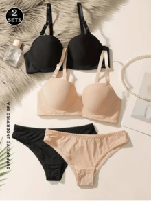2 Sets Women's Small Bust Underwear, Designed With Lift And Anti-Sagging Function, With Side Support. - Multicolor - View 1