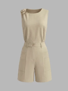 Women's Khaki Metal Ring Sleeveless Top And Shorts Set, Minimalist Casual Commute And Holiday Style, Spring/Summer - Light Khaki - View 2