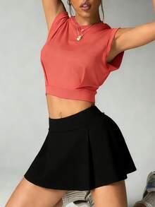 女士纯色无袖弹力短款运动T恤，多功能健身上衣，适合健身房、跑步、户外、网球、棒球和夏季休闲穿着。 - 黏土紅 - 查看 4