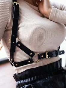 Cinto Feminino Com Fivela Larga E Detalhes Em Rebite, Estilo Streetwear, Ideal Para Uso Diário, Festas De Halloween E Encontros. - Preto - Ver 2
