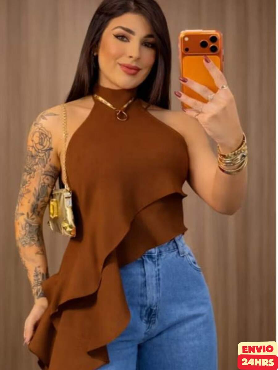 Women's Boho Chic Blouse With Asymmetrical Ruffle, Sophisticated High Neck And Modern Design. Tank Top With Layered Ruffles That Create Movement And Charm. Versatile Style That Combines Perfectly With Jeans, Tailored Trousers, Shorts Or Skirts. Perfect For Casual, Urban Or More Refined Looks. Boho Style Blouse With A Fashionable And Feminine Touch, Ideal For Outings, Work, Informal Events, Dinners Or Special Dates. A Timeless Piece That Combines Comfort, Beauty And Practicality. - 鏽棕色 - 查看 1