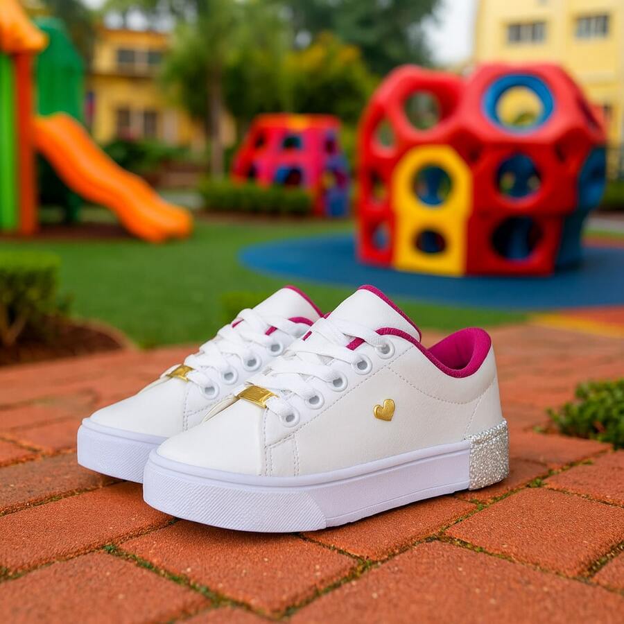 Tênis infantil Feminino Menina Colegial Escolar Com Gliter Confortável Leve Casual Antiderrapante - Branco - Visão 1