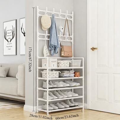 5 Tier Multifunctional Storage Rack With 8 Double Hooks, Shoe Rack, Coat Rack,Free-Standing Clothes Coat Hat Shoe Organizer For Entryway, Bedroom, Living Room, Office & Kitchen, Easy To Assemble Independent Storage Solution