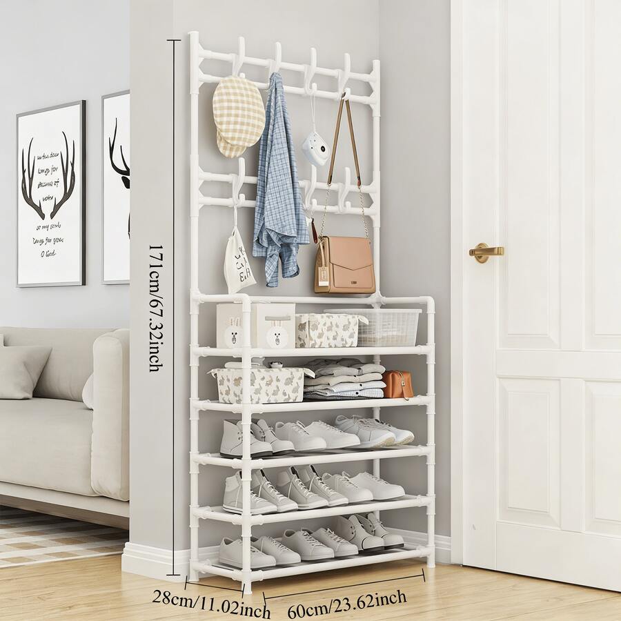 5 Tier Multifunctional Storage Rack With 8 Double Hooks, Shoe Rack, Coat Rack,Free-Standing Clothes Coat Hat Shoe Organizer For Entryway, Bedroom, Living Room, Office & Kitchen, Easy To Assemble Independent Storage Solution - 白色 - 5 層 - 查看 1