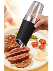 重力式电动研磨器，自动重力式电动盐和胡椒研磨器套装，电池供电，带LED灯，单手操作 - 研磨粗细可调，带调料罐，黑色，厨房小工具礼品 - 彩色 - 查看 4
