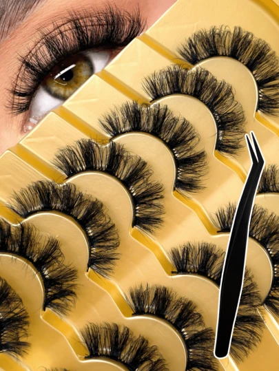 7 Pairs Strip Lashes Tweezers Included Black Band Fluffy Curly Multi-Layered Segmented And Dense Lengthening The Outer Corners Of The Eyes Creates A Dramatic Makeup Effect Suitable For All Beauty Lovers