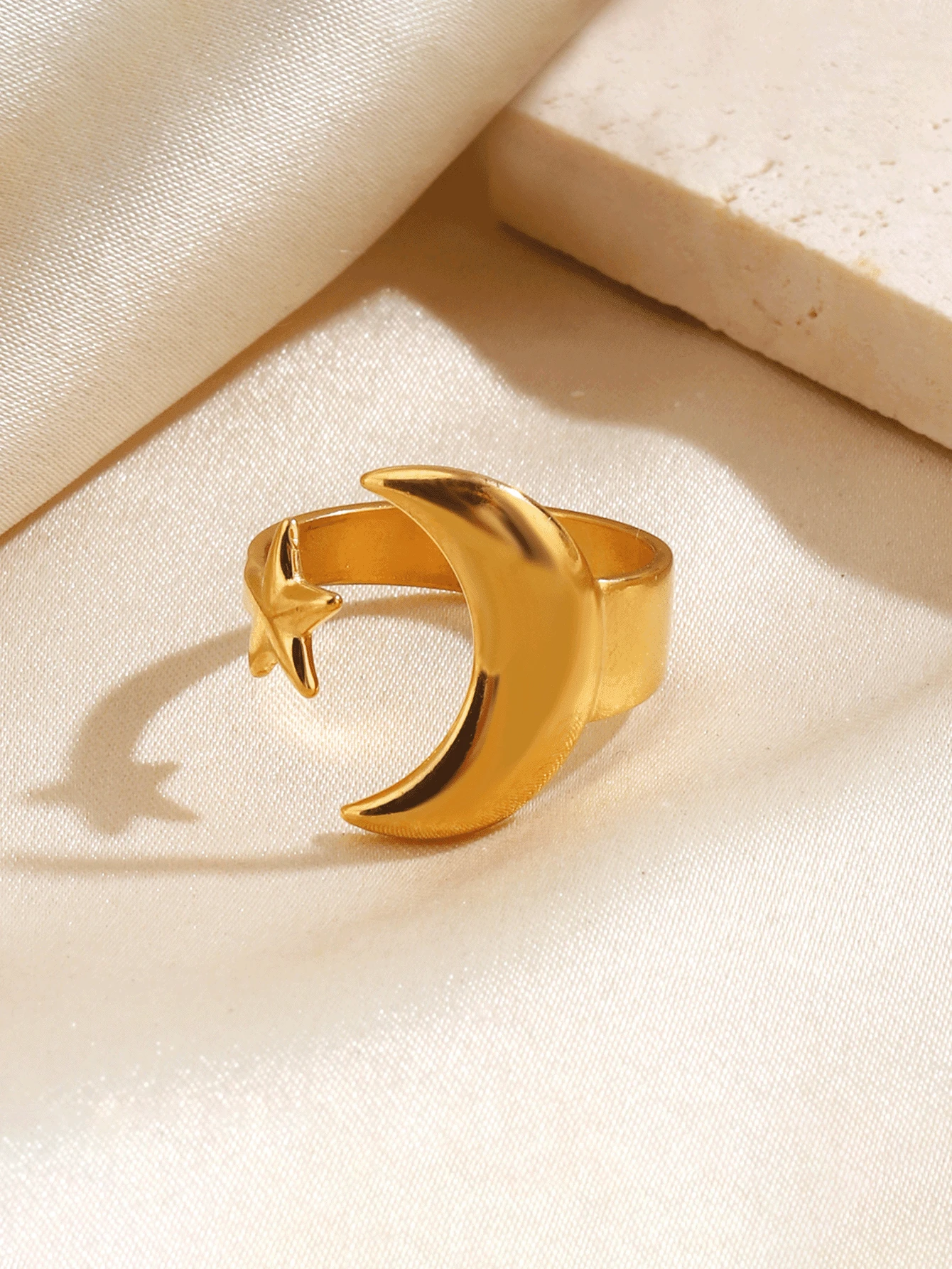 1枚时尚不锈钢星月开口戒指，简约不对称设计，适合女性日常佩戴 - 星月 - 查看 1