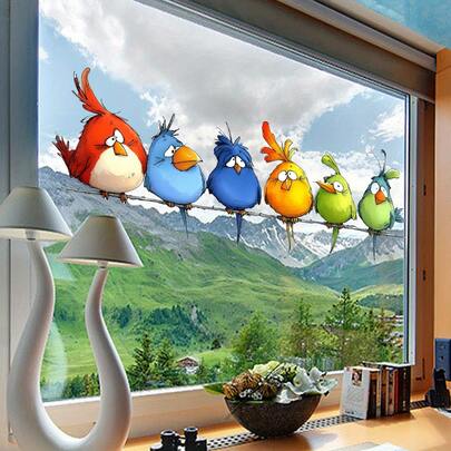 1 pezzo Adesivo statico riutilizzabile per finestre e pareti - Adesivo per uccelli rosso blu verde giallo senza residui - Plastica spessa (16mil+) per casa e ufficio - Facile da attaccare e staccare - Decorazione da parete con uccelli carini, colori vivaci senza tracce di adesivo