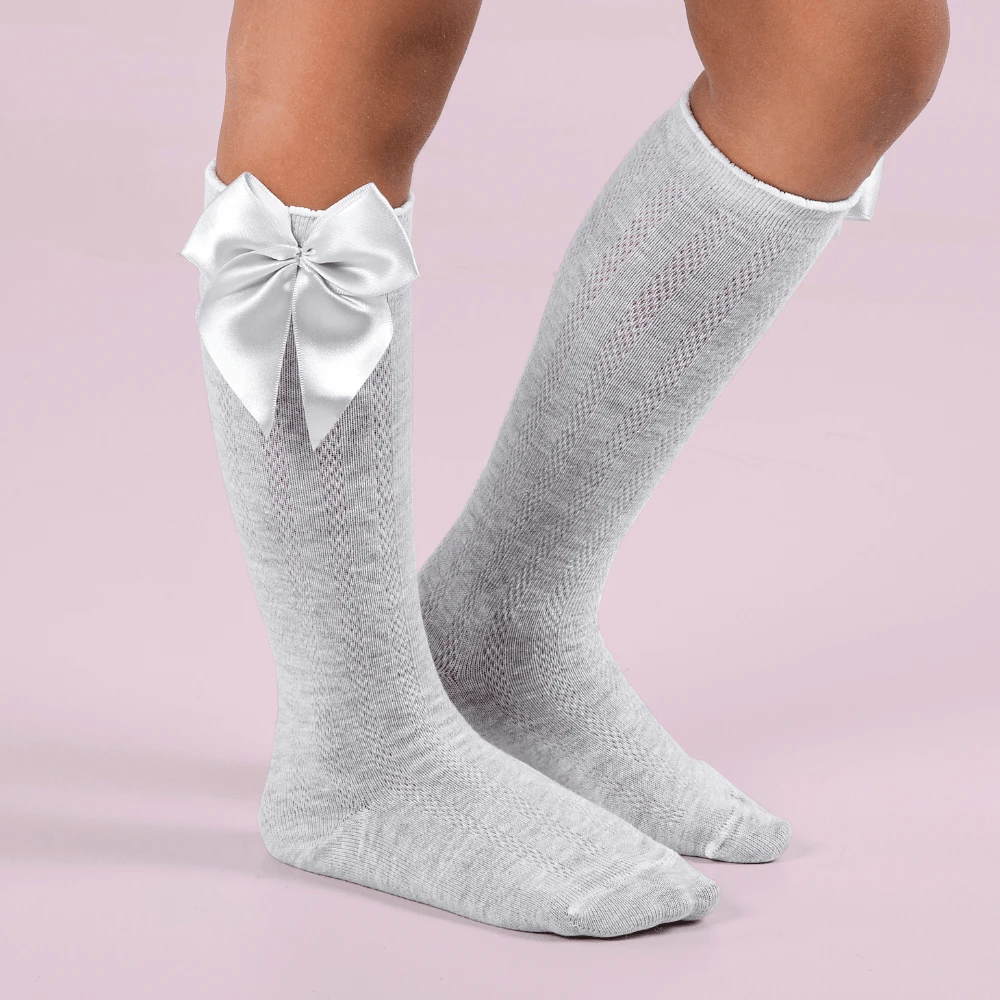 Children's 3/4 Party Socks Sizes 16-33 Satin Bow Long Socks For Girls, Christenings, Weddings, Flower Girls, Social Events, Dances, Elegant, High Quality, Soft Touch, Coquettish, Korean Style, School Drama - 灰色 - 查看 1