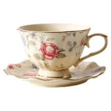 PICORLANE 8 Oz Vintage Flower Ceramic Cup And 6" Saucer Set With Brand Customized Stainless Steel Spoon Gifts For Afternoon Tea Coffee Hour (E) - MàuD - Xem 1