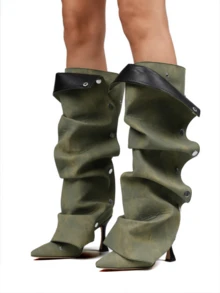 Women's Knee High Boots Stiletto Boots Pointed Toe High Heels Wide Calf Ruched Slouchy Boots Detachable Snap-Off Panel Mid Calf Boots Black Boots - 牛仔-B - 查看 8