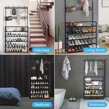 Black Metal Storage Rack, 23-Inch Freestanding Entryway Organizer, Multi-Functional 3-In-1 Shoe Rack And Coat Rack, 4-Tier Shelves With 8 Hooks For Hats Bags Umbrellas, Easy Assembly - 白色 - 5 層 - 查看 6