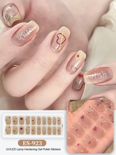 Cured Gel Nail Strips , Clear Base, 20 Pcs Gel Nail Wraps, Stickers, UV Light Required, Salon Quality, Long Lasting,ES20 Cross-Border Wholesale Drop Shipping Red Book Same Style Nail Stickers Nail Stickers For Fingertips