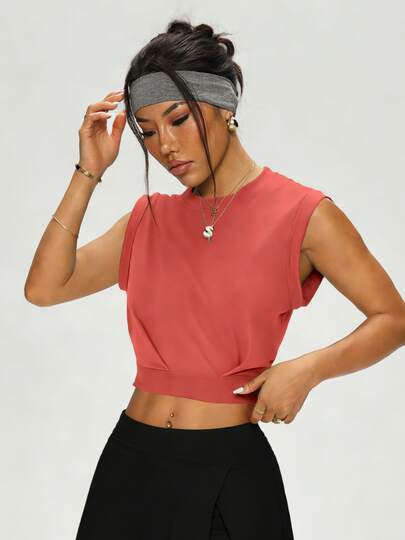 1pc Women's Solid Color Sleeveless Elastic Short Sports T-Shirt, Versatile Fitness Vest Suitable For Gym, Running, Outdoor, Tennis, Baseball And Casual Wear