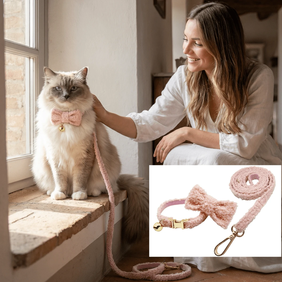 3pcs/Set Adjustable Cat & Small Dog Leash, Collar & Bow Tie Suit, Pink Cute Plush Zinc Alloy Buckle, Anti-Escape & Anti-Lost Collar Leash Set, For Cats & Dogs - Baby Pink - View 1