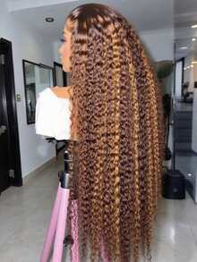 36 Inch Deep Wave Highlight Ombre Lace Front Wigs Human Hair 250% Density Deep Curly Human Hair Wig Pre Plucked P4/27 Ombre HD Lace Frontal Wigs With Baby Hair For Women Graduation Season Hairstyles - SP4/27 - 查看 2