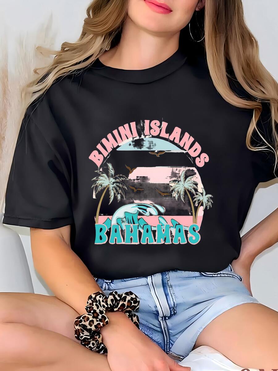 Bimini Bahamas Camiseta De Playa, Tee De Playa, Camiseta De Diseño De Playa Retro Corta Sve Camiseta - Negro - Ver 1