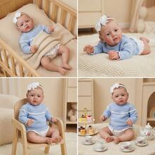 19英寸柔软布身手工彩绘头发乙烯基蓝色上衣手工重生娃娃（男女通用），可收藏的陪伴娃娃，生日圣诞礼物，包含娃娃和服装（随机包含奶瓶、奶嘴、尿布） - 霧霾藍 - 查看 5