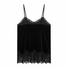 女士复古蕾丝边天鹅绒吊带性感露脐上衣，适合派对休闲穿着，黑色 - 黑色 - 查看 4