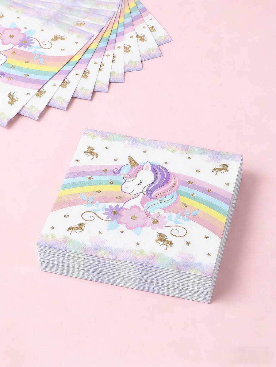 16 pièces Serviettes motif licorne arc-en-ciel, serviettes pour 1er anniversaire, serviettes de licorne pour bébé, décorations de fête de 1er anniversaire, fournitures de pique-nique, décorations de fête de baby shower, fournitures de gender reveal party, décorations de fête pour bébé garçon et bébé fille, fournitures de fête de baby shower, décorations de fête de 1er anniversaire - Licorne arc-en-ciel - Voir 1