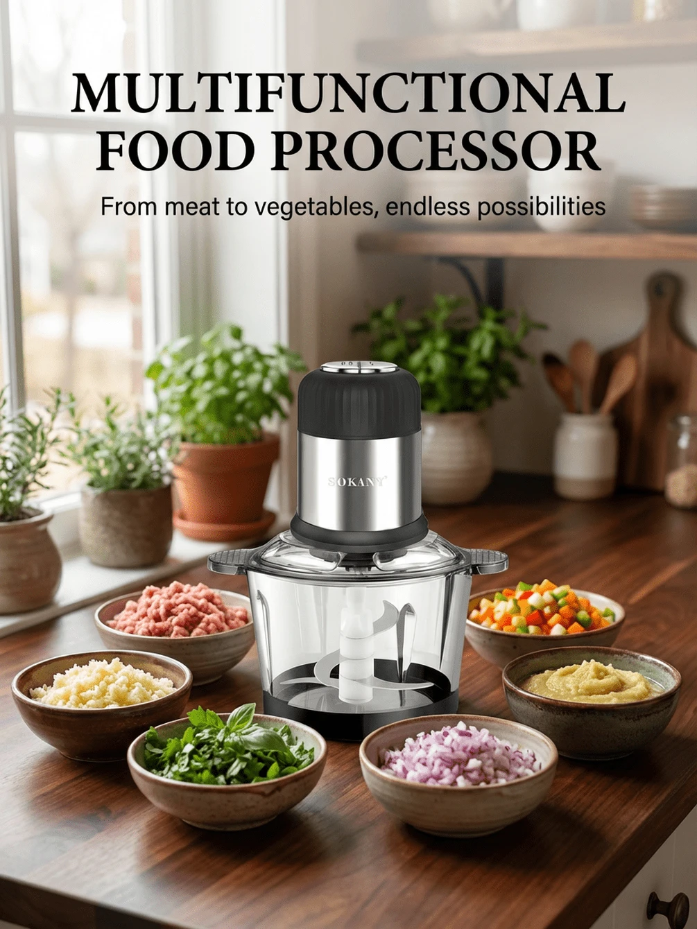Elektryczna maszynka do mięsa ze stali nierdzewnej o pojemności 3 l, z 4 ostrymi ostrzami, do mielenia mięsa, warzyw, owoców i orzechów. SOKANY - Wtyczka UE typ C (220–240 V) - Zobacz 1