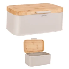 Chlebak, , z bambusową pokrywą Wymiary 30 * 20 * 14 cm – idealny na chleb, bułki czy bagietki Korpus z metalowego malowanego proszkowo – ochronne i naruszone Pokrywa z szerokiego zakresu bambusa – ekzna i estetyczna Gładkie, higieniczne wewnętrzne – do zatwierdzonego uchwytu, który uruchamia system mikro-otworów wentylacyjnych – przerywa pleśnieniu piecezywa - Beżowy - Zobacz 3