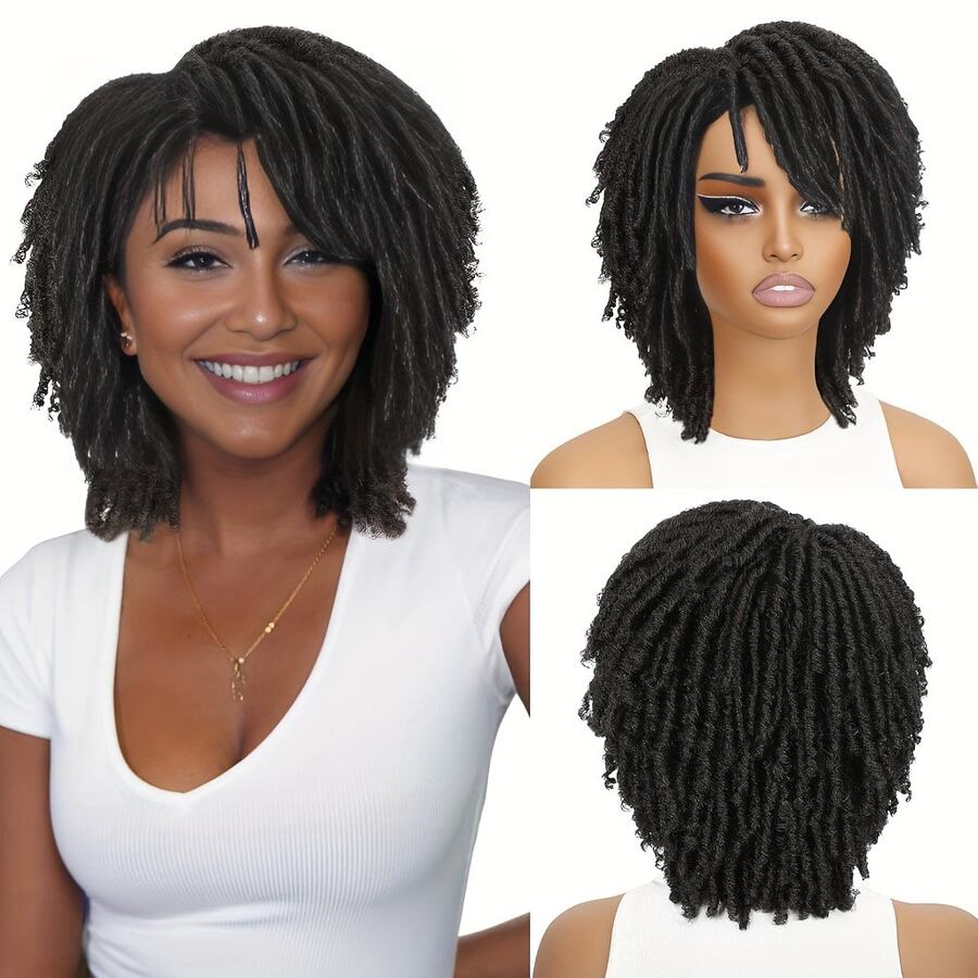 [ Afro Curly Wig] Natural Synthetic Afro Curly Dreadlock Wig - Short Twist Faux Locs, Breathable Layered Braids, Bob Style In Black, Brown, Blonde - Daily Cosplay Replacement Wig - Multicolor - View 1