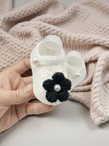 1 Pair Infant Christening Booties, White Pearl Knit Slippers, Infant Shoes - Black - View 2