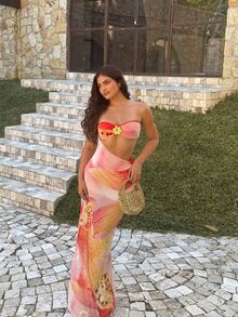 Bộ bikini 3 mảnh in hoa, kiểu dáng giản dị, dễ thương, thanh lịch, gợi cảm, phong cách Bohemian, buộc dây phía sau, thích hợp cho bãi biển, kỳ nghỉ, mặc hàng ngày, kỳ nghỉ xuân/hè, màu hồng. - Hồng - Xem 1