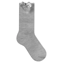 Children's 3/4 Party Socks Sizes 16-33 Satin Bow Long Socks For Girls, Christenings, Weddings, Flower Girls, Social Events, Dances, Elegant, High Quality, Soft Touch, Coquettish, Korean Style, School Drama - 灰色 - 查看 2