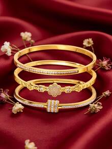3/1pc - Luxurious And Stylish Combination Of A Stainless Steel Gold-Plated Bracelet And A Copper Wristband. It Is Not Easy To Fade And Comes In A Simple Combination Of Zirconia-Set, Floral, And Geometric Patterns. It Is A Sophisticated And Elegant Choice To Add A Finishing Touch To Your Outfit. - Gold - View 8