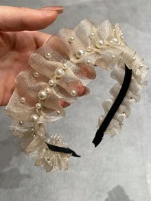 1pc Teenage Girl's New French Style Pearl Detail Simple Mesh Headband - Beige - View 5