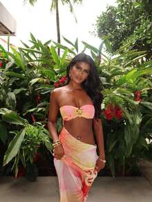 Bộ bikini 3 mảnh in hoa, kiểu dáng giản dị, dễ thương, thanh lịch, gợi cảm, phong cách Bohemian, buộc dây phía sau, thích hợp cho bãi biển, kỳ nghỉ, mặc hàng ngày, kỳ nghỉ xuân/hè, màu hồng. - Hồng - Xem 2