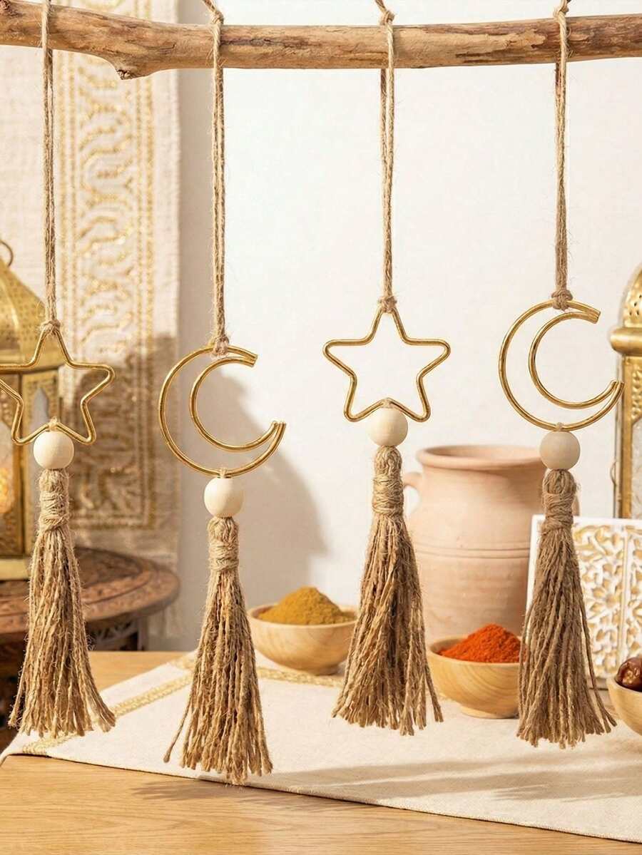 Eid Al-Fitr Metall Stern & Halbmond Anhänger, Heimdekoration, Hängende Verzierung mit Jutequaste - Feiertags-Heimdekoration, Muttertagsgeschenk, Eid Al-Adha Geschenk, Ramadan Geschenk, Geburtstagsgeschenk, Neujahrgeschenk, Ostergeschenk - Verschiedenfarbig - Übersicht 1