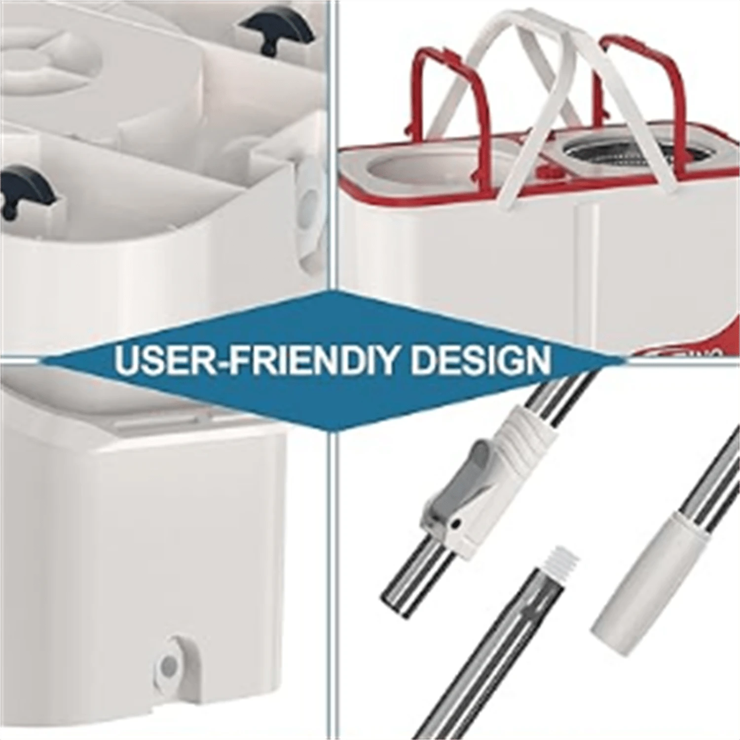 1 Large-Capacity Spin Mop And Bucket – For Big Homes & Deep Cleaning Days,4-Chamber System Separates Dirty & Clean Water, 2-GAL Heavy-Duty Design With Wheels & 6 Refill Mop Heads - White/Red - A - View 1