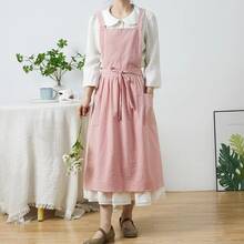 女士亚麻围裙，腰部可调节，轻便柔软，带口袋，适合园艺 - 彩色 - 查看 6