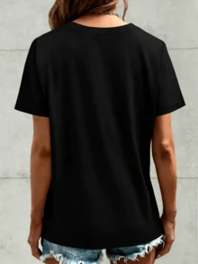 Conjuntos Diarios Elegantes: Camiseta de Algodón Puro para Mujer con Estampado de ECG de Gato - Manga Corta, Cuello Redondo, Top Casual, Varias Tallas, Suave y Transpirable, Camiseta Básica - Negro - Ver 2