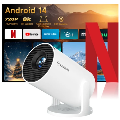 Magcubic Android 14 OS Projector With WiFi6 BT5.4, Native 720P Support 8K Smart Projector, Auto Focus, Supports A 130" Display, With Smartphone, Remote Control, Internet-Ready
