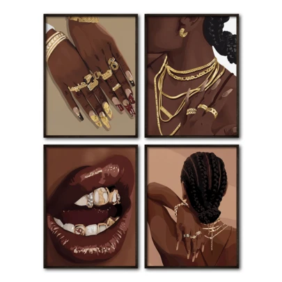 4pcs Vintage Wall Art Posters, Waterproof Canvas Posters, Paired With Golden Jewelry, Art Prints, Boho Wall Art, Art Posters, Available With Or Without Frames, Room Decor, Home Decor, Ideal Housewarming Gift, College Dorm Apartment Decor, Hotel, Home, Living Room, Bedroom, Bathroom And Office Wall Decor Gift