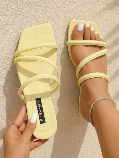 planare Sandalias elegantes para mujer, estilo casual de vacaciones con punta cuadrada, correa, PU, punta abierta, slip-on, cómodas, sandalias de playa de verano